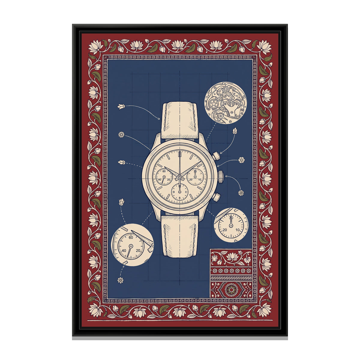 Kalamkari Blueprint – Chronograph Wristwatch - framed canvas print, front view