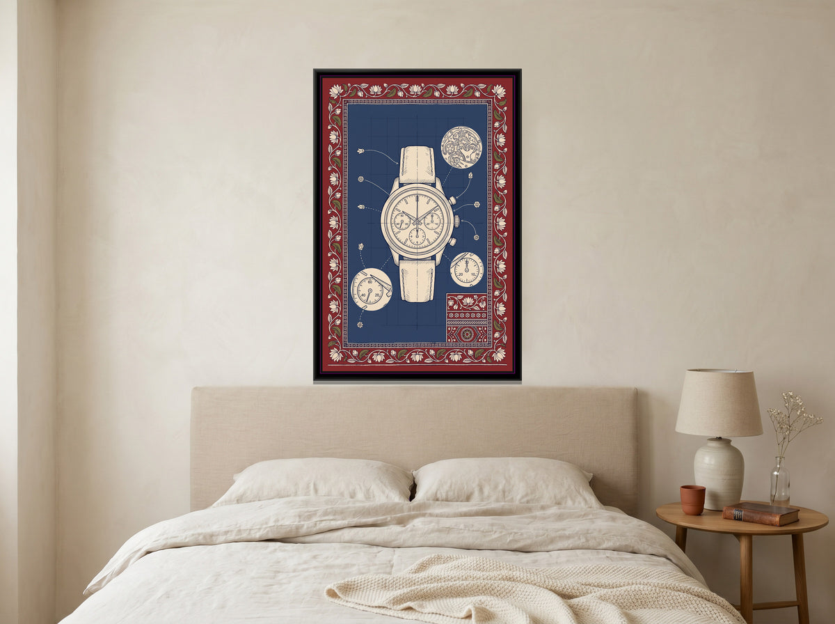 Kalamkari Blueprint – Chronograph Wristwatch - canvas print shown in a styled room