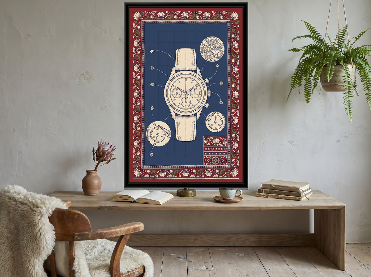 Kalamkari Blueprint – Chronograph Wristwatch - canvas print shown in a second room setting