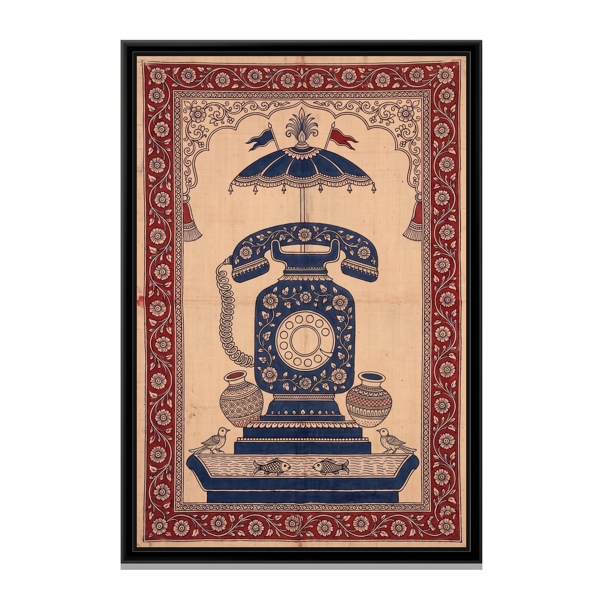 Kalamkari Painting – Rotary Telephone - framed canvas print, front view