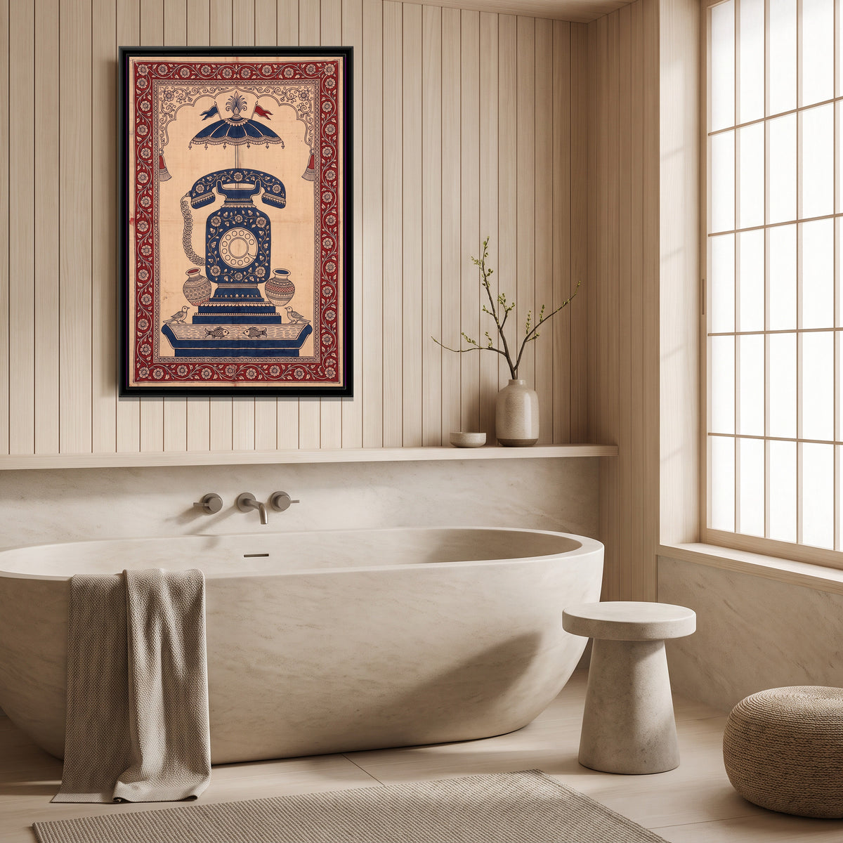 Kalamkari Painting – Rotary Telephone - canvas print shown in a second room setting