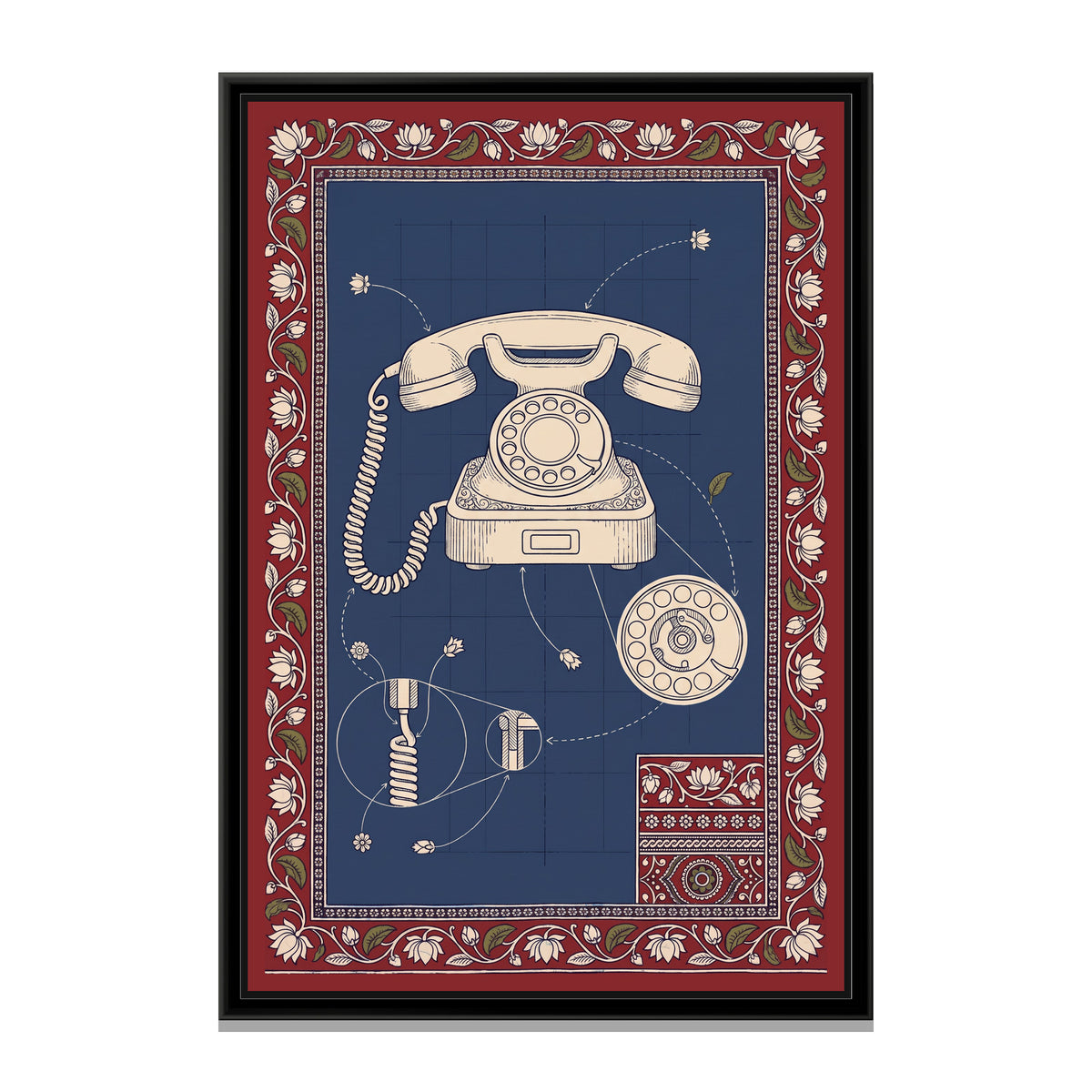 Kalamkari Blueprint – Rotary Telephone - framed canvas print, front view