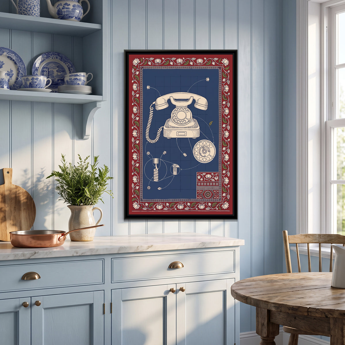 Kalamkari Blueprint – Rotary Telephone - canvas print shown in a styled room