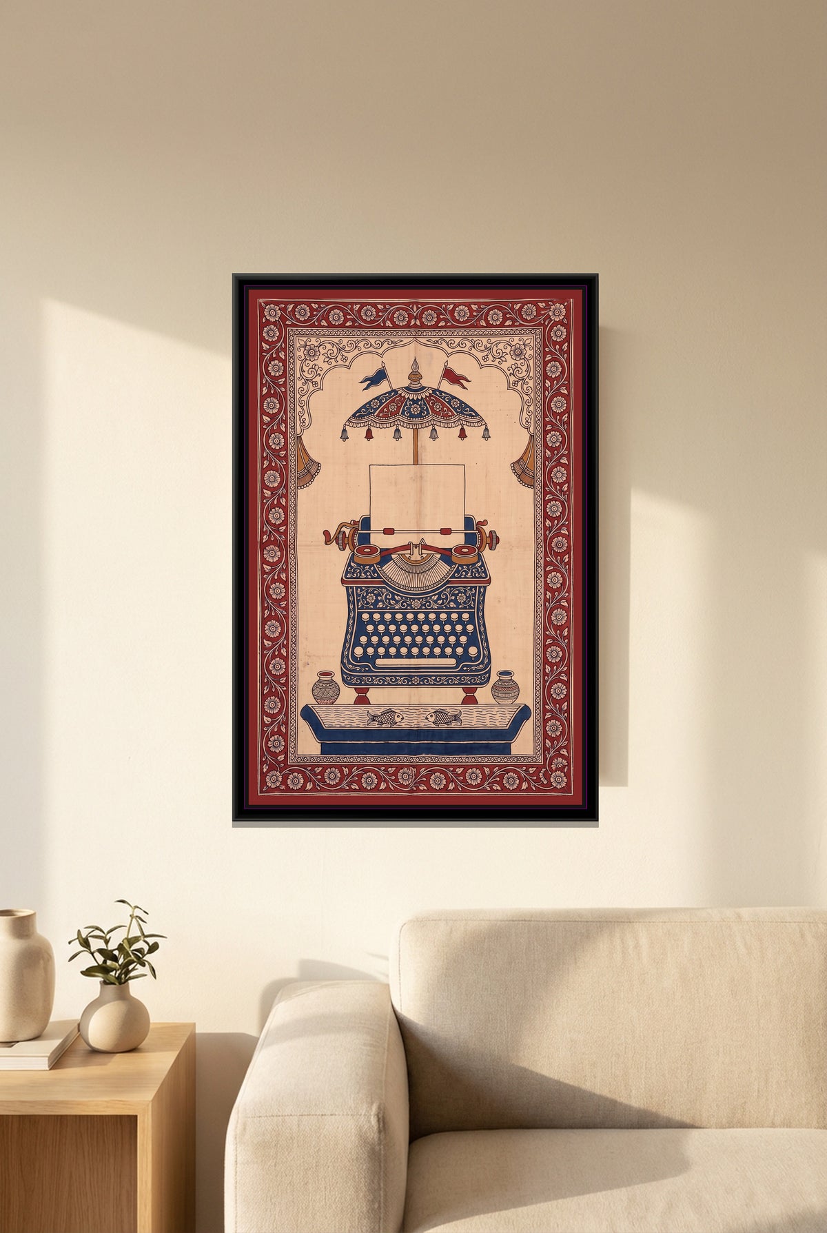 Kalamkari Painting – Typewriter - canvas print shown in a styled room