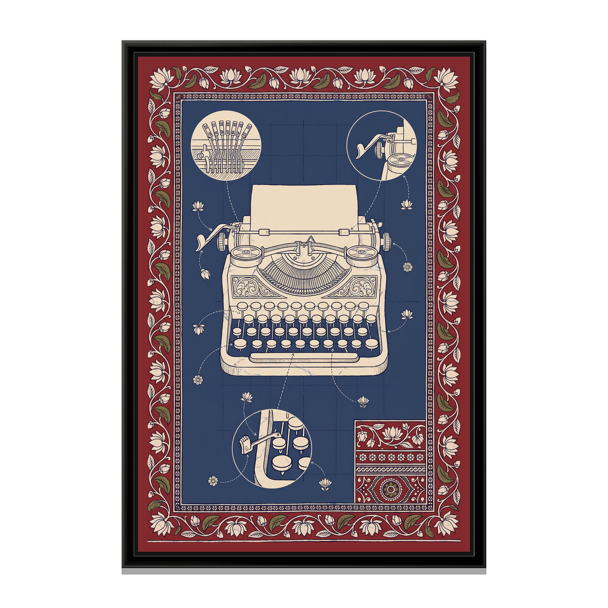 Kalamkari Blueprint – Typewriter - framed canvas print, front view
