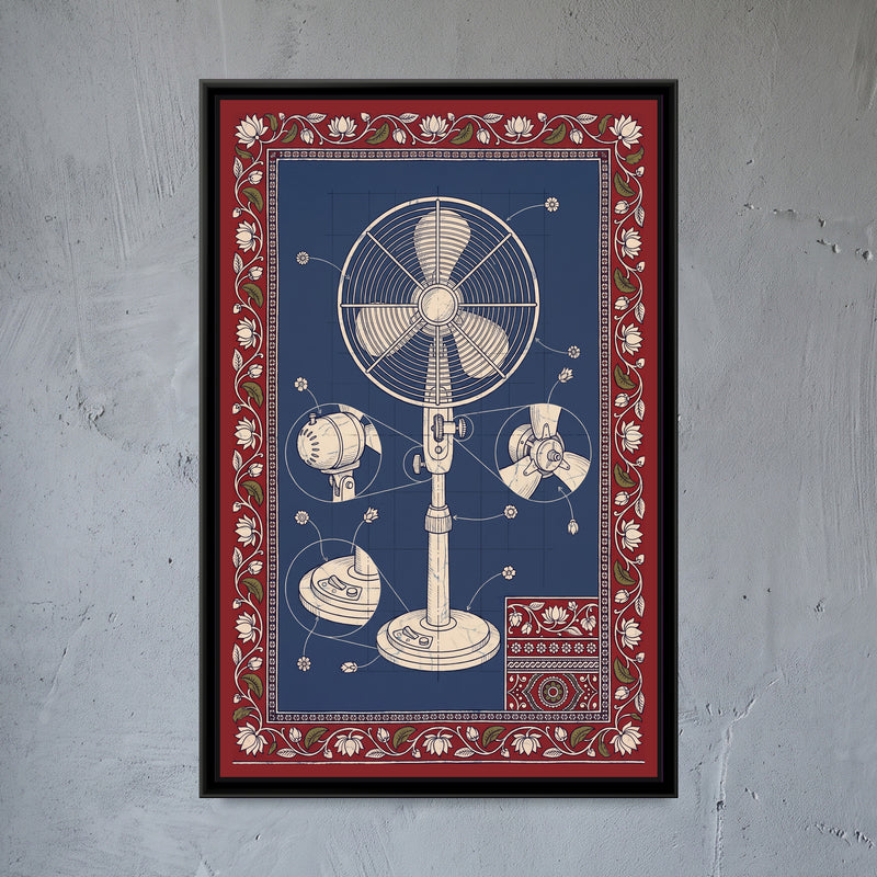 Kalamkari Blueprint – Table Fan - framed canvas print of a cream line drawing of a vintage pedestal fan on an indigo blueprint grid, with detail circles of the motor housing, the blade hub and the switch base, flower-tipped pointer lines, a small patterned swatch in one corner, deep red border of lotuses and leaves, hung on a wall