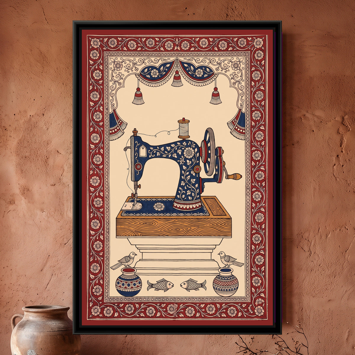 Kalamkari Painting – Sewing Machine - framed canvas print of a vintage hand-crank sewing machine covered in cream flowers on indigo, a spool of thread on top and a red flywheel, standing on a wooden base and a stepped plinth, tasselled indigo drapes in a scalloped arch above, two patterned pots, two birds and two fish along the bottom, deep red floral border, hung on a wall