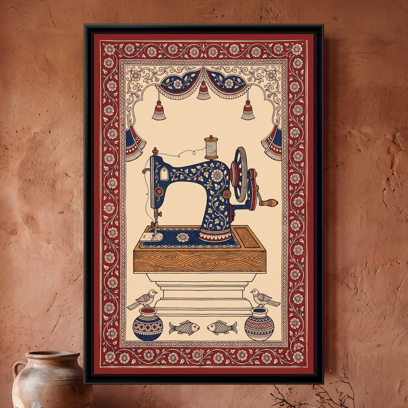 Kalamkari Painting – Sewing Machine - framed canvas print of a vintage hand-crank sewing machine covered in cream flowers on indigo, a spool of thread on top and a red flywheel, standing on a wooden base and a stepped plinth, tasselled indigo drapes in a scalloped arch above, two patterned pots, two birds and two fish along the bottom, deep red floral border, hung on a wall