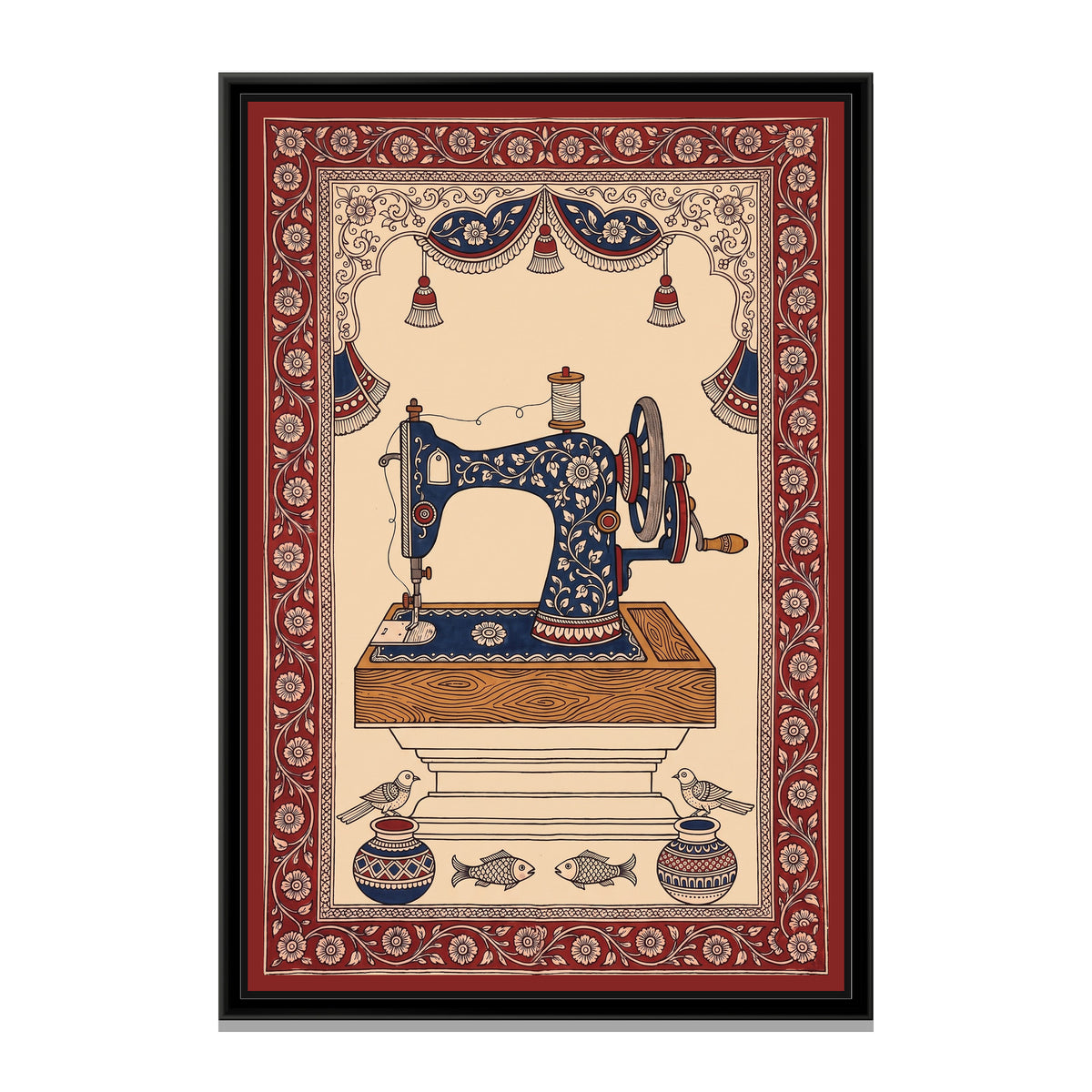 Kalamkari Painting – Sewing Machine - framed canvas print, front view