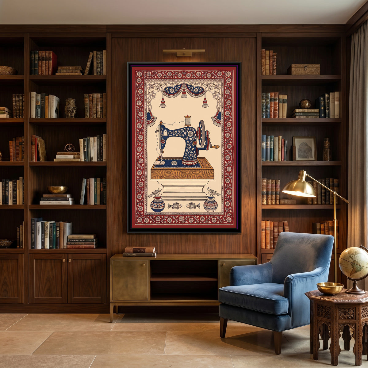 Kalamkari Painting – Sewing Machine - canvas print shown in a styled room