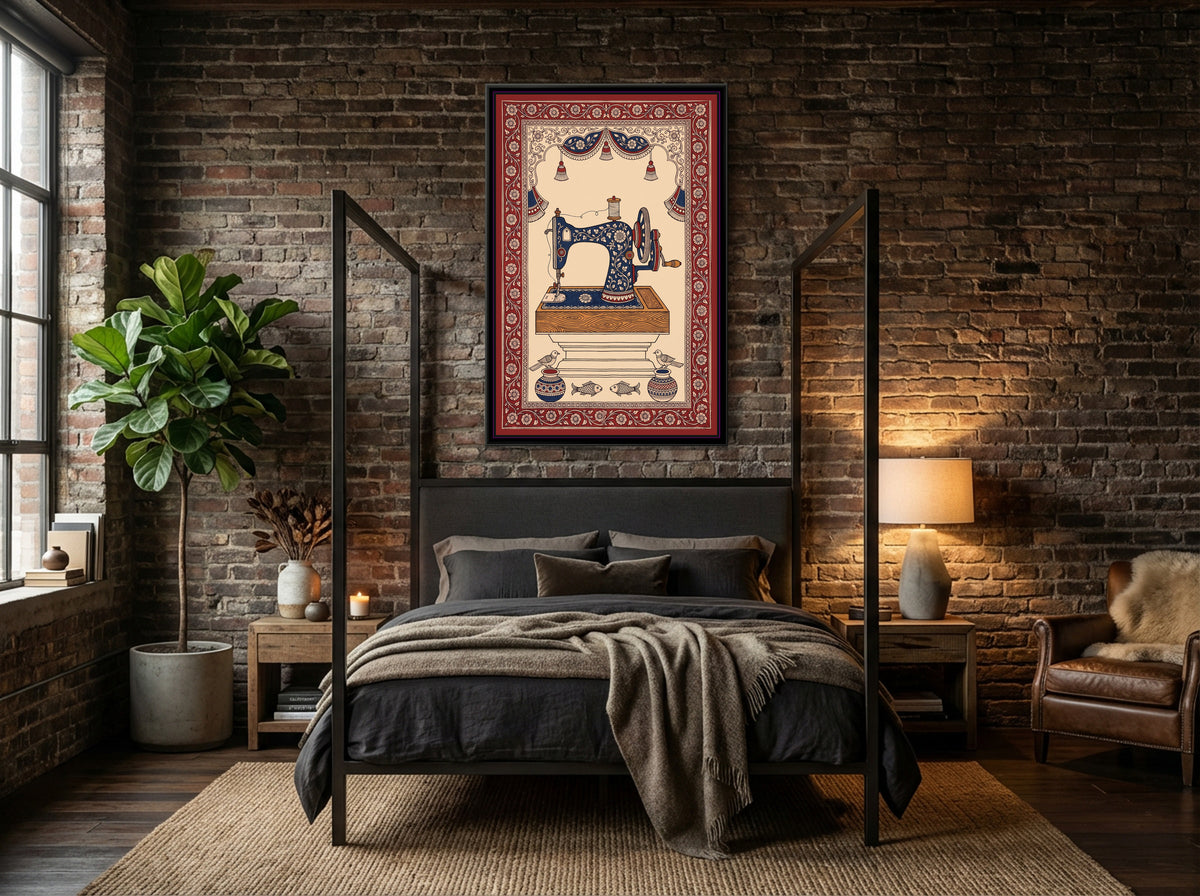 Kalamkari Painting – Sewing Machine - canvas print shown in a second room setting