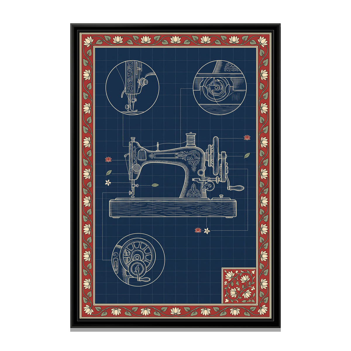 Kalamkari Blueprint – Sewing Machine - framed canvas print, front view