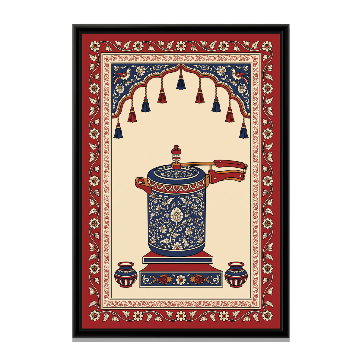 Kalamkari Painting – Pressure Cooker - framed canvas print, front view
