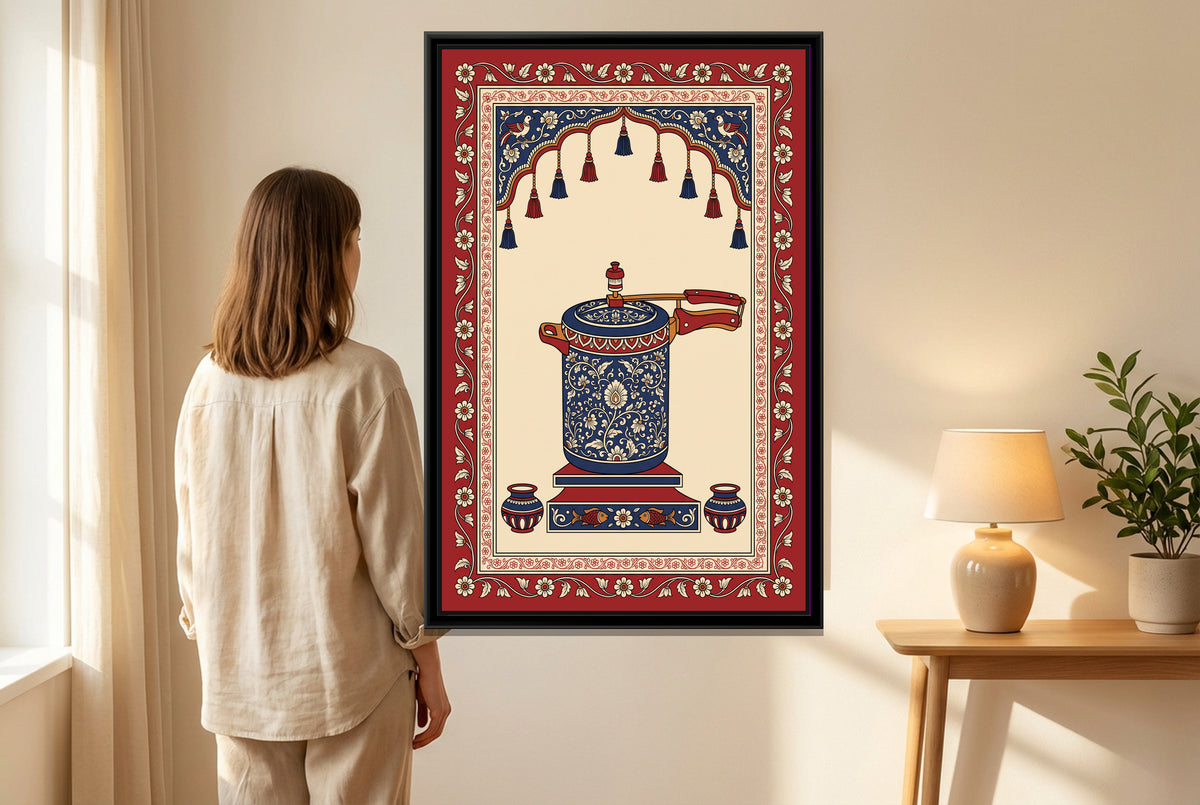 Kalamkari Painting – Pressure Cooker - canvas print shown in a second room setting