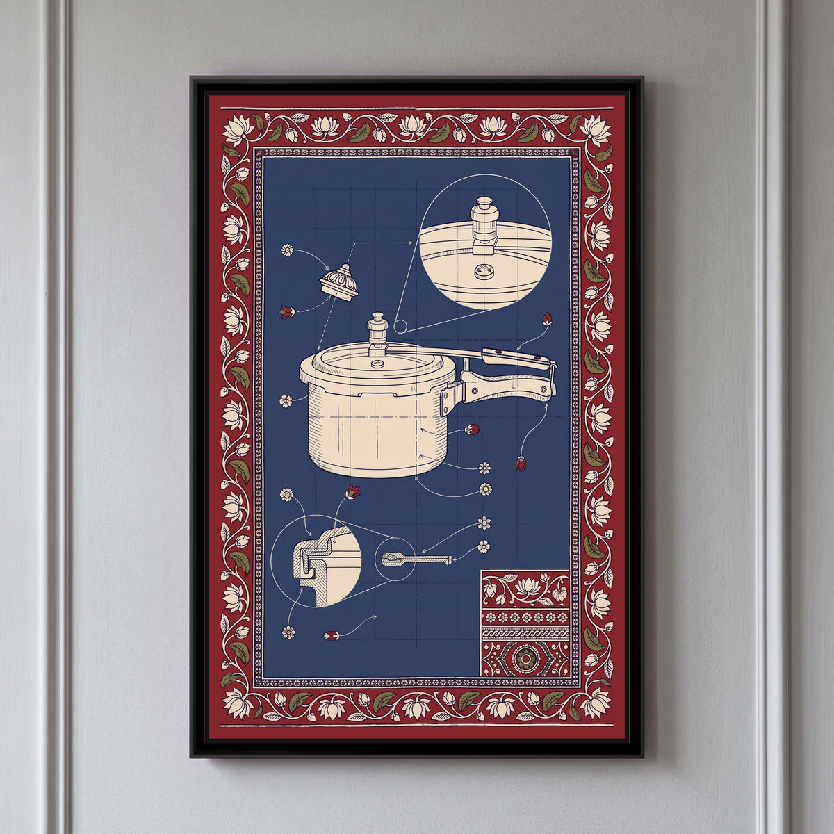 Kalamkari Blueprint – Pressure Cooker - framed canvas print of a cream line drawing of a pressure cooker with its lid, whistle weight and long handle on an indigo blueprint grid, a circular close-up of the whistle and vent, a cut-away close-up of the lid seal, the whistle drawn floating above, arrows ending in small flowers and red buds, a red and cream lotus vine border with a patterned corner panel, hung on a wall