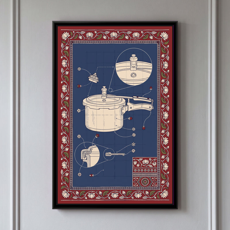 Kalamkari Blueprint – Pressure Cooker - framed canvas print of a cream line drawing of a pressure cooker with its lid, whistle weight and long handle on an indigo blueprint grid, a circular close-up of the whistle and vent, a cut-away close-up of the lid seal, the whistle drawn floating above, arrows ending in small flowers and red buds, a red and cream lotus vine border with a patterned corner panel, hung on a wall