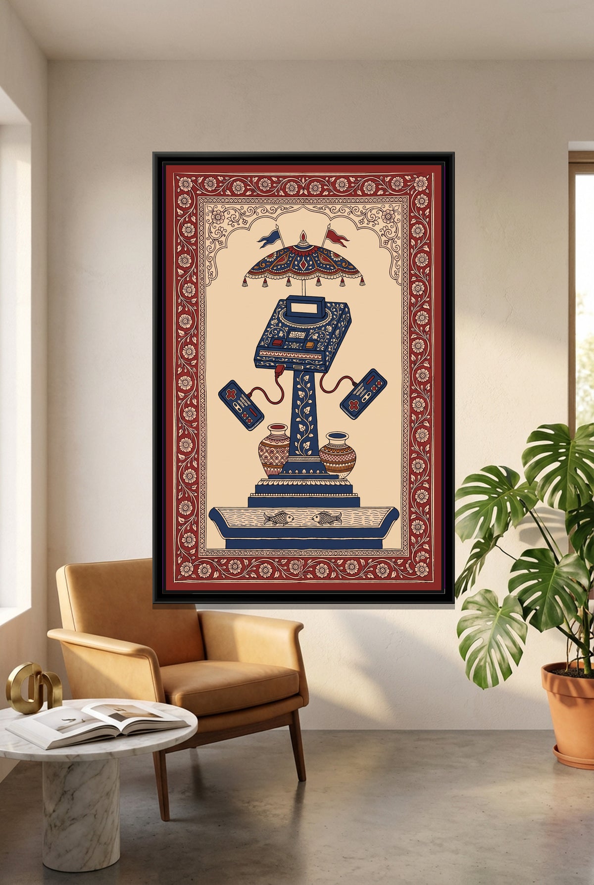 Kalamkari Painting – Retro Games Console - canvas print shown in a styled room