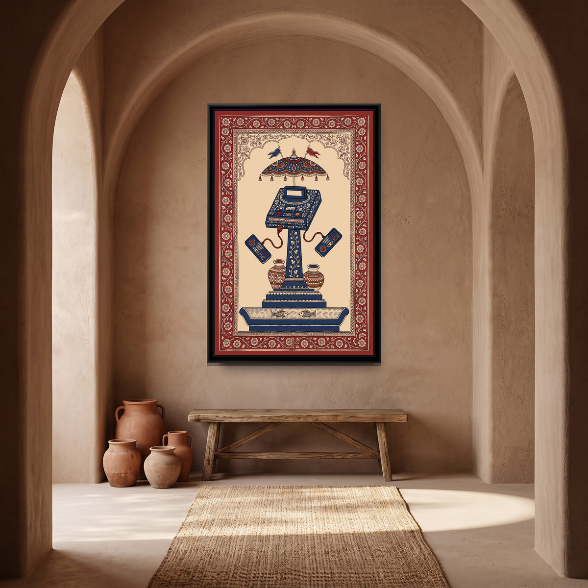 Kalamkari Painting – Retro Games Console - canvas print shown in a second room setting