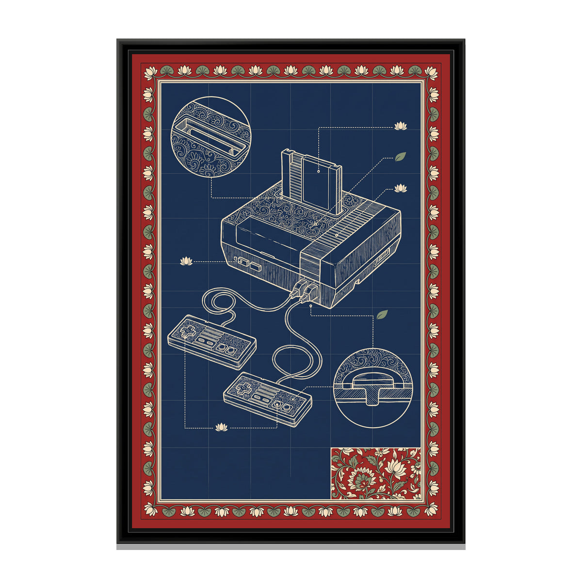 Kalamkari Blueprint – Retro Games Console - framed canvas print, front view