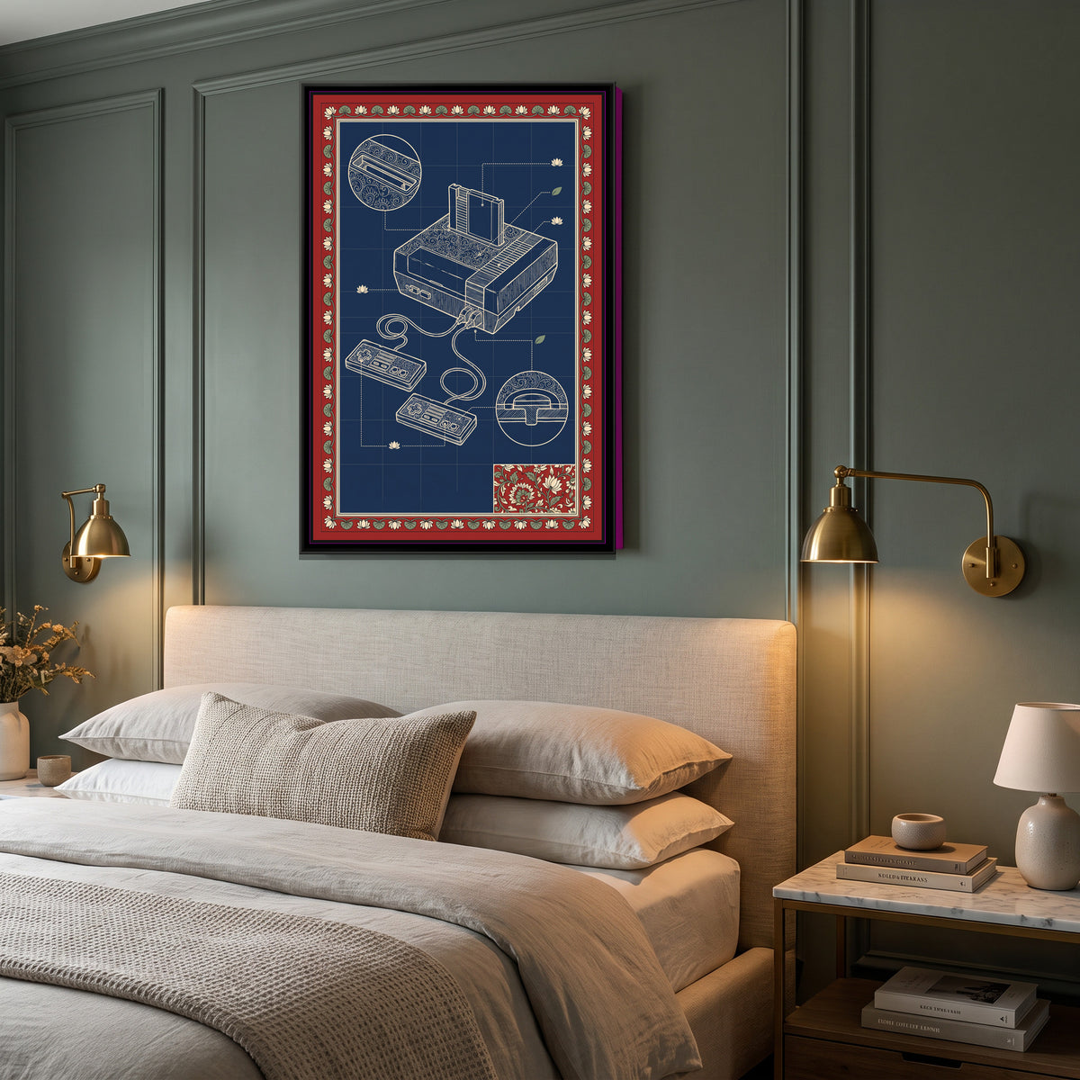 Kalamkari Blueprint – Retro Games Console - canvas print shown in a second room setting
