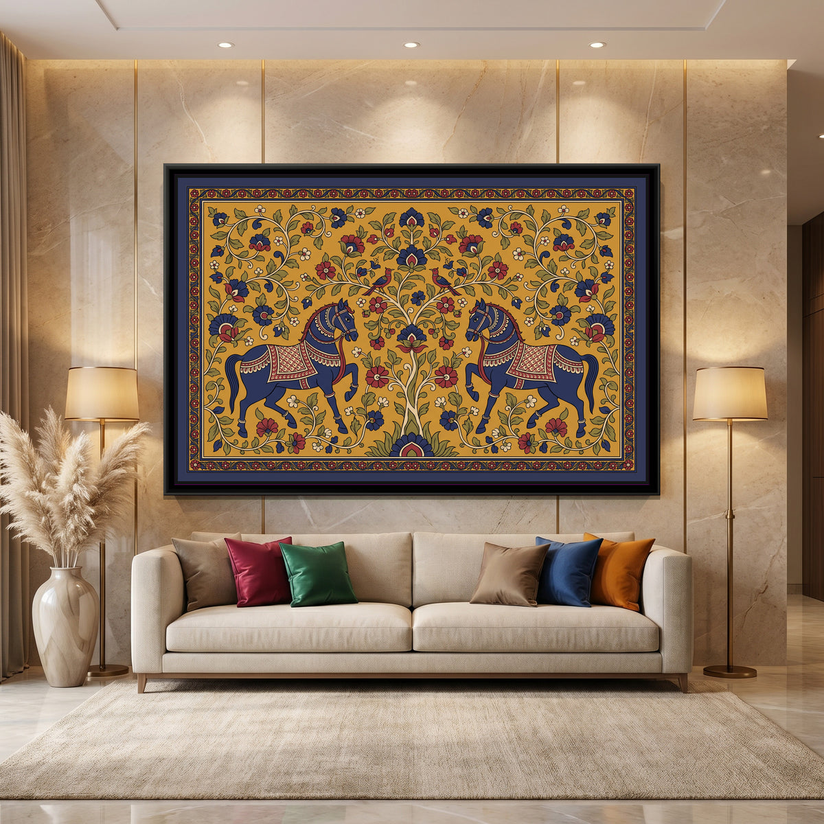 Kalamkari Painting – Pair of Horses Facing a Tree of Life - canvas print shown in a styled room