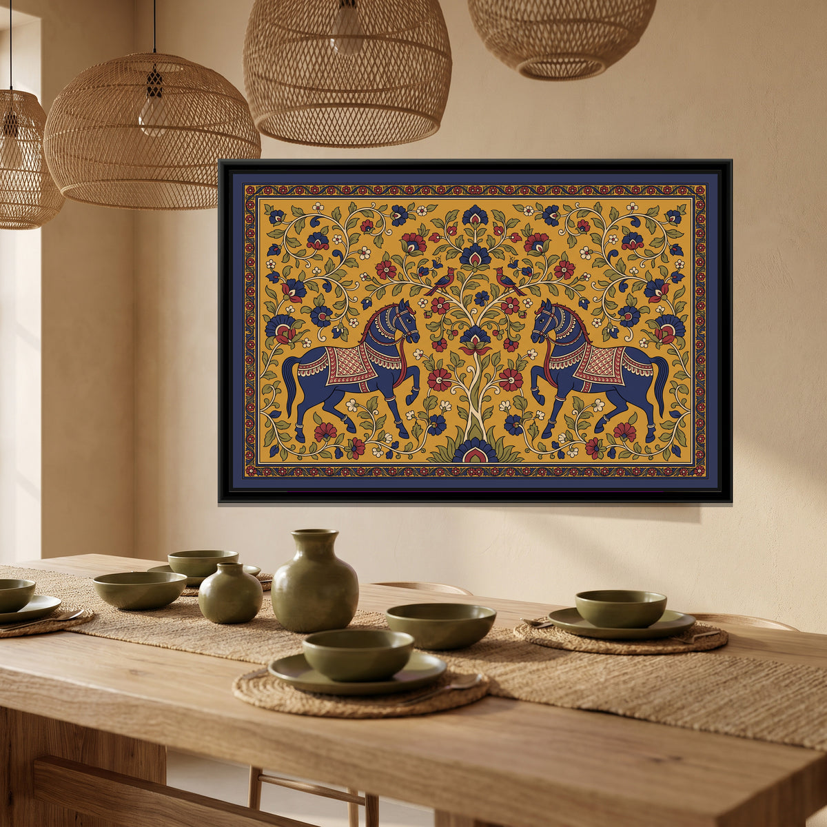 Kalamkari Painting – Pair of Horses Facing a Tree of Life - canvas print shown in a second room setting