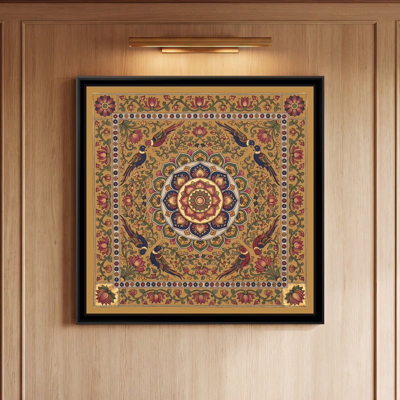 Kalamkari Painting – Parrots around a Lotus Medallion - framed canvas print of a large layered lotus medallion in red, indigo, green and gold at the centre of a mustard ground, eight indigo and red parrots with long tails perched on curling vines around it, red lotus buds and leafy scrolls filling the corners, a cream band of small red and indigo flowers, an outer border of red lotuses on a trailing vine with lotus blooms in the corner squares, hung on a wall