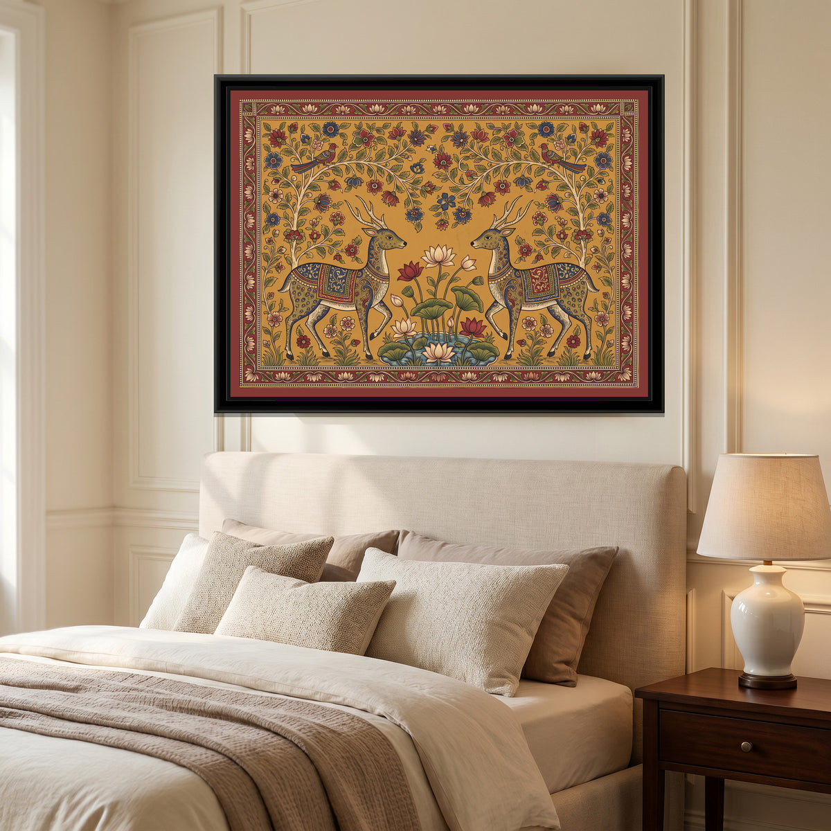 Kalamkari Painting – Deer Pair at a Lotus Pond - canvas print shown in a second room setting