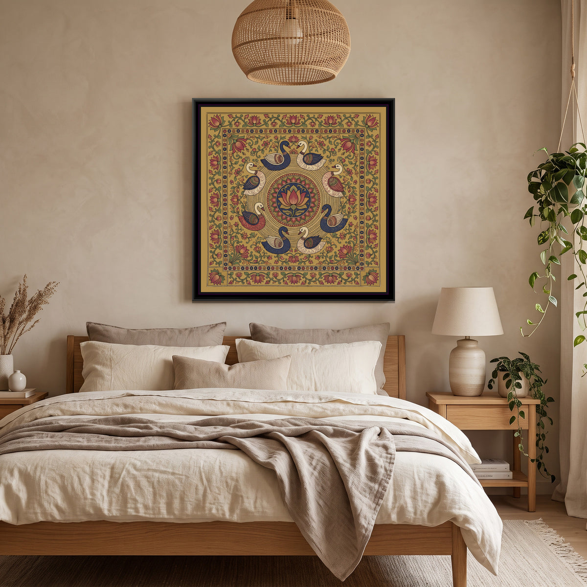 Kalamkari Painting – Circle of Swans - canvas print shown in a styled room