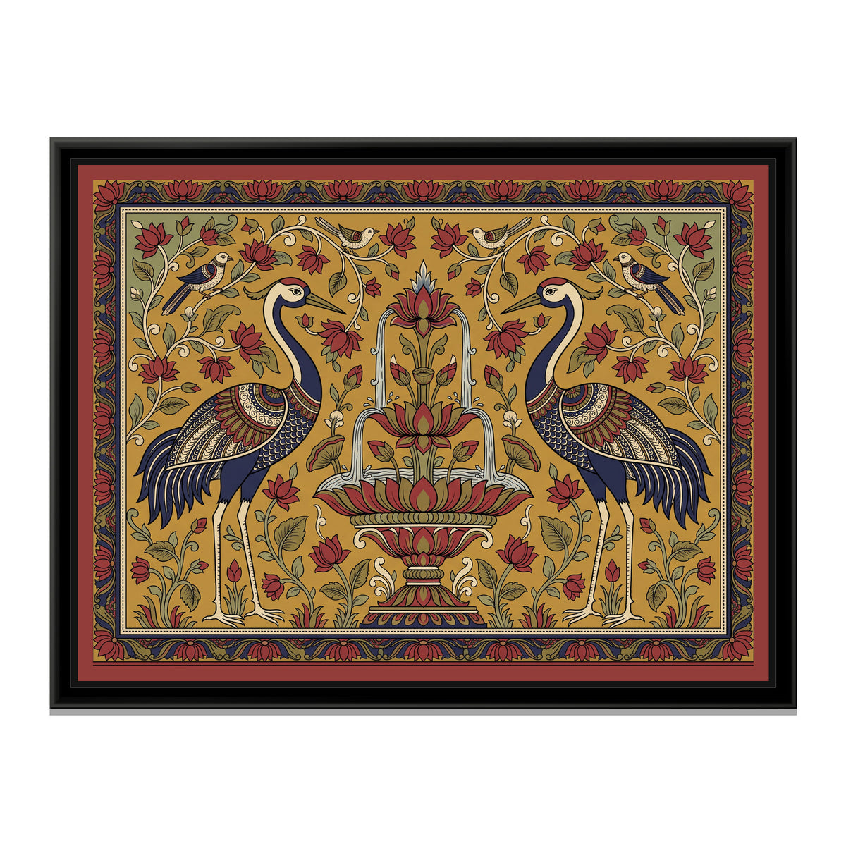 Kalamkari Painting – Cranes Flanking a Lotus Fountain - framed canvas print, front view