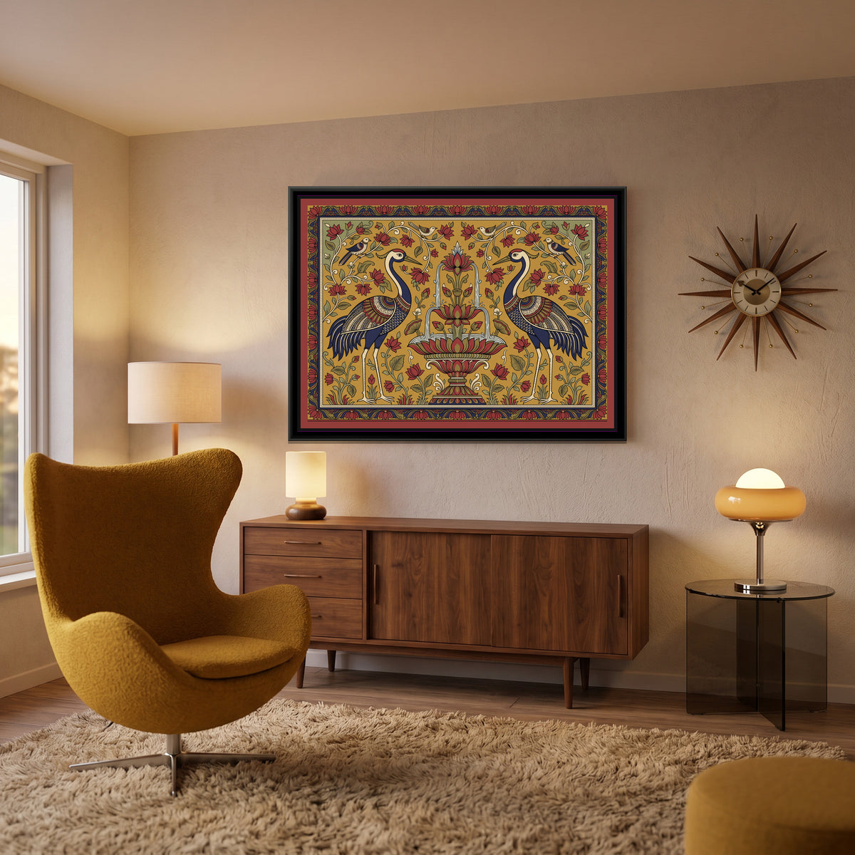 Kalamkari Painting – Cranes Flanking a Lotus Fountain - canvas print shown in a styled room