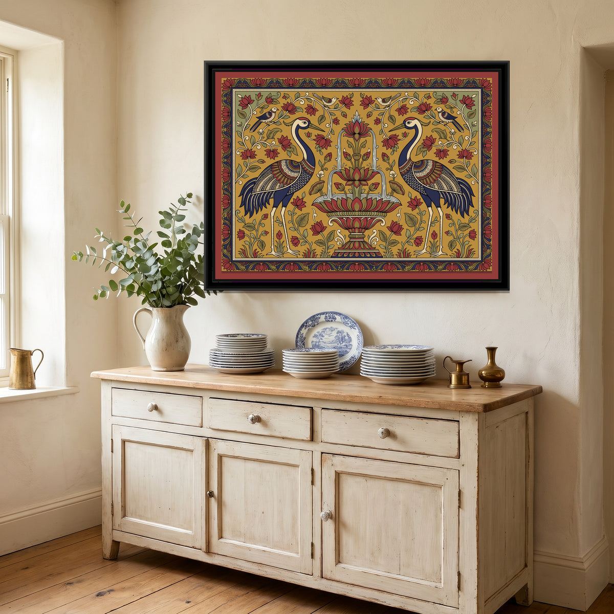 Kalamkari Painting – Cranes Flanking a Lotus Fountain - canvas print shown in a second room setting