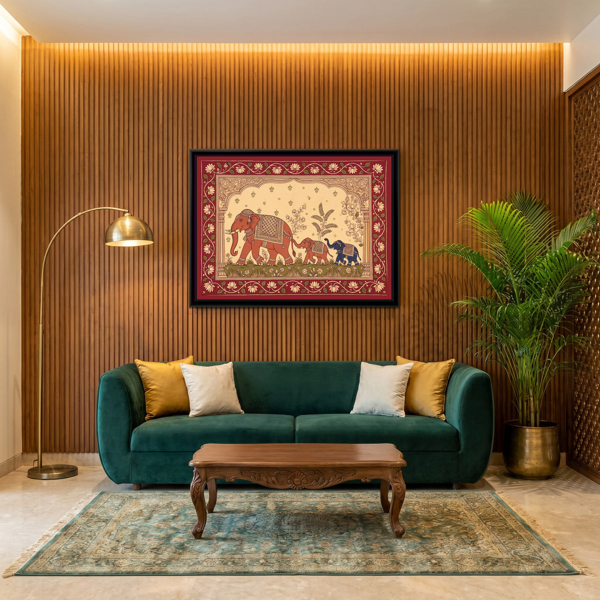 Kalamkari Painting – Elephants and Calves in Procession - canvas print shown in a styled room