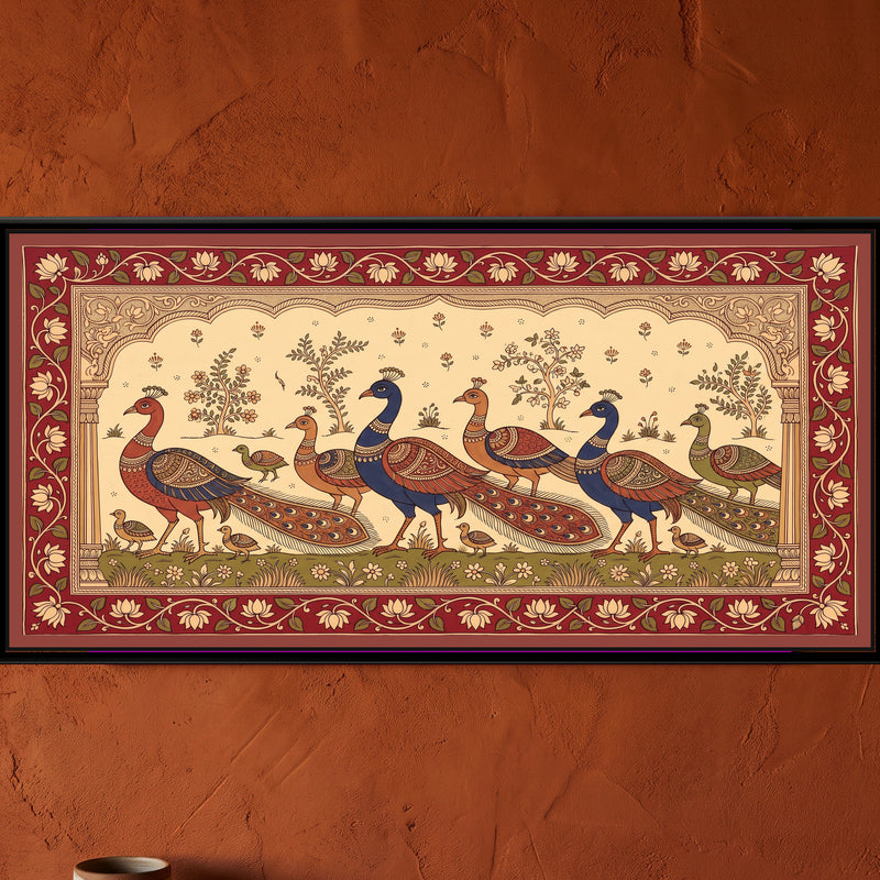 Kalamkari Painting – Procession of Peacocks - framed canvas print of six crested peacocks in red, ochre, indigo and green with long patterned tails strutting in a line across a green meadow of small flowers, little brown and green chicks walking among them, small flowering trees and sprigs in a cream sky, a carved scalloped arch on two pillars, a deep red border of cream lotuses on a vine, hung on a wall