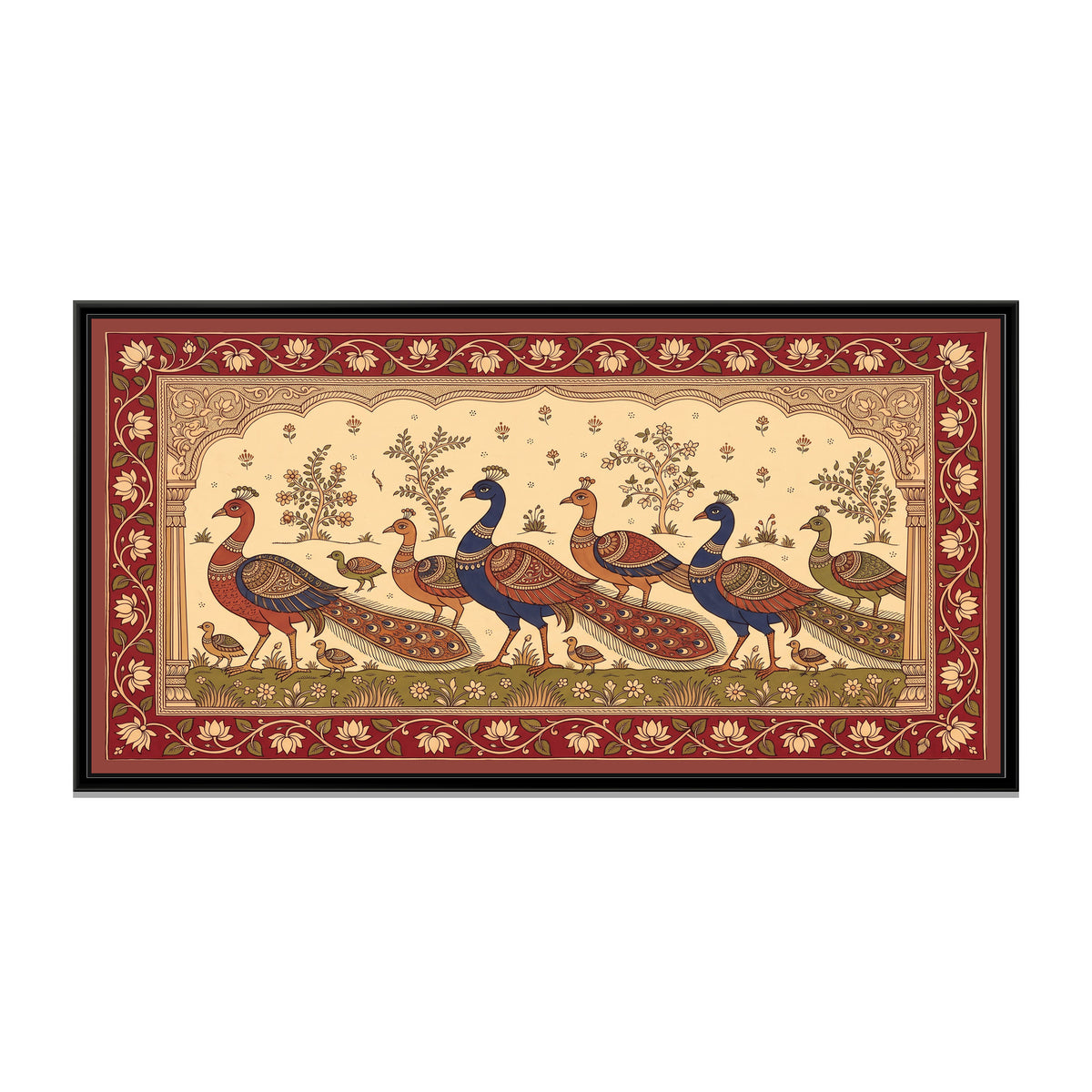 Kalamkari Painting – Procession of Peacocks - framed canvas print, front view