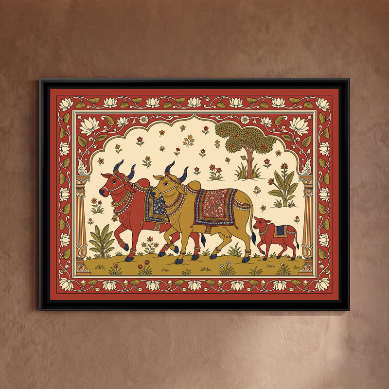 Kalamkari Painting – Decorated Bullocks Procession - framed canvas print of two bullocks, one red and one ochre, with indigo horns, bead necklaces, bells, anklets and patterned saddle cloths walking side by side across a green meadow, a little red calf following behind, a leafy tree, plants and scattered flowers in a cream sky, a scalloped arch on two pillars, a red border of cream lotuses and green leaves on a vine, hung on a wall