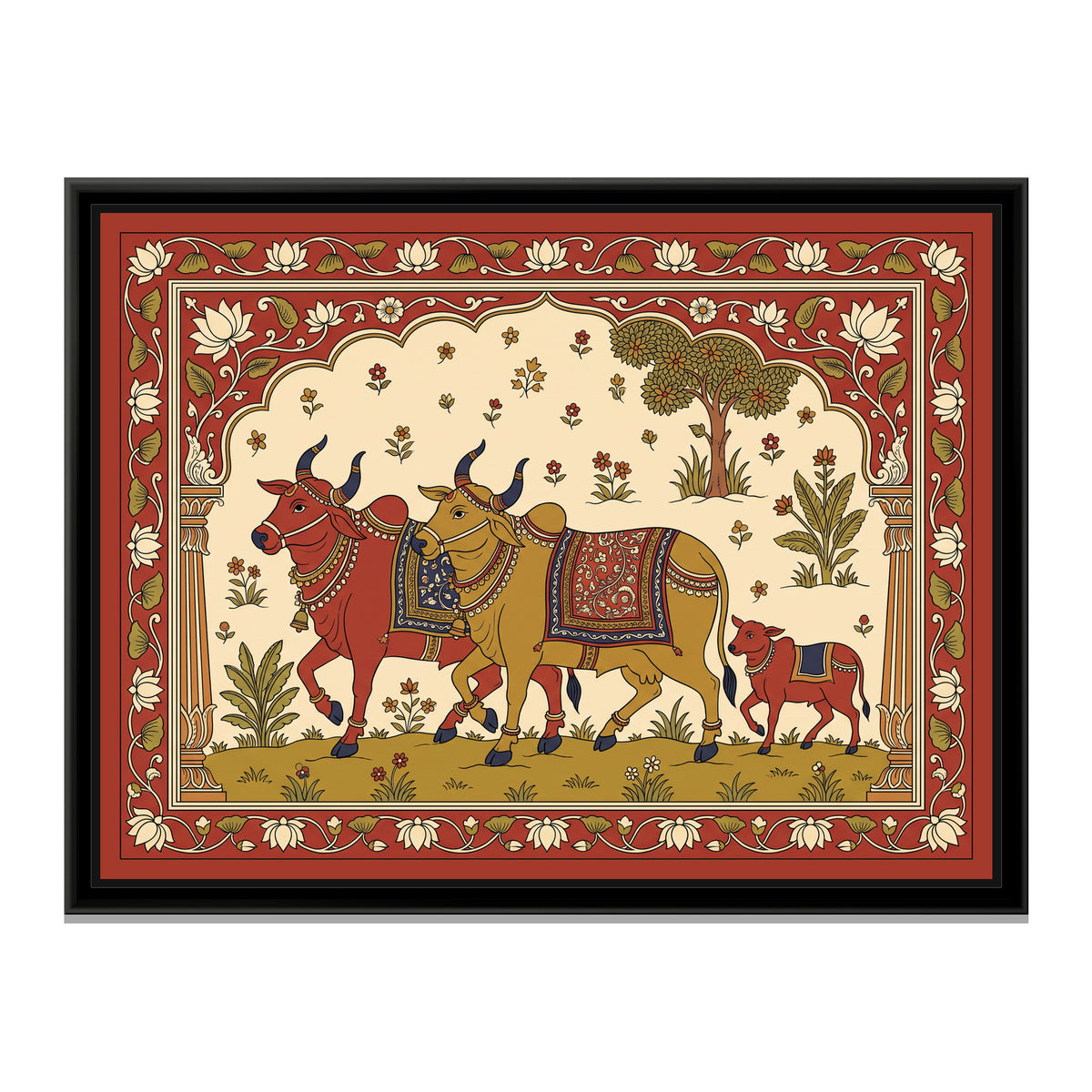 Kalamkari Painting – Decorated Bullocks Procession - framed canvas print, front view