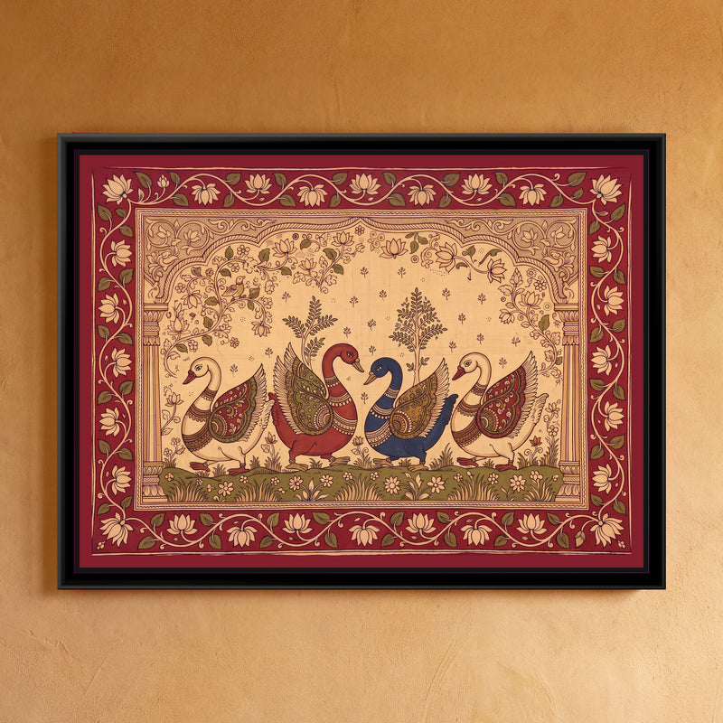 Kalamkari Painting – Procession of Swans - framed canvas print of four swans walking in a row across a green bank of small flowers, two cream swans on the outside and a red swan and an indigo swan meeting beak to beak in the middle, every wing filled with paisley and scroll patterns in red, olive and gold, two small leafy trees rising behind them, a cream ground with lotus vines under a carved arch on pillars, a deep red border of cream lotuses on a trailing vine, hung on a wall