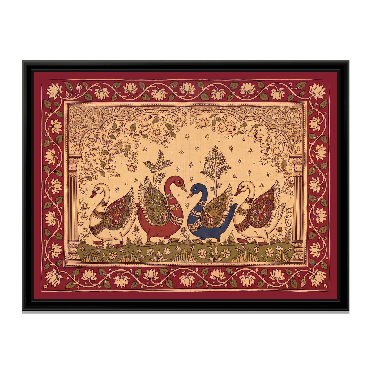 Kalamkari Painting – Procession of Swans - framed canvas print, front view