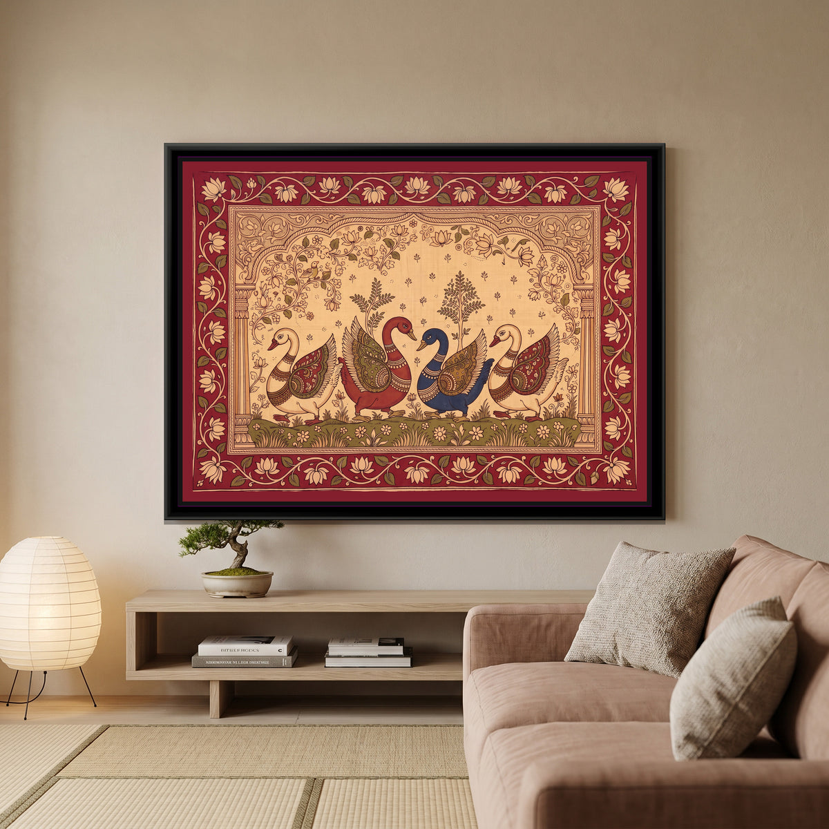 Kalamkari Painting – Procession of Swans - canvas print shown in a styled room