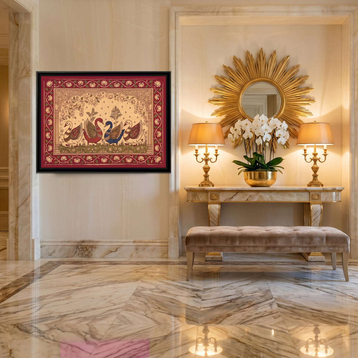 Kalamkari Painting – Procession of Swans - canvas print shown in a second room setting