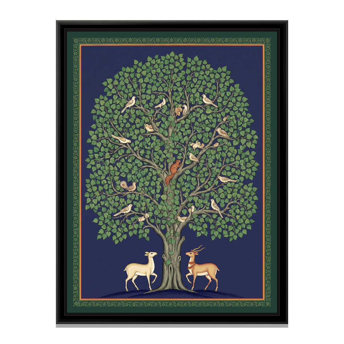 Pichwai Painting – Peepal Tree with Birds - framed canvas print, front view