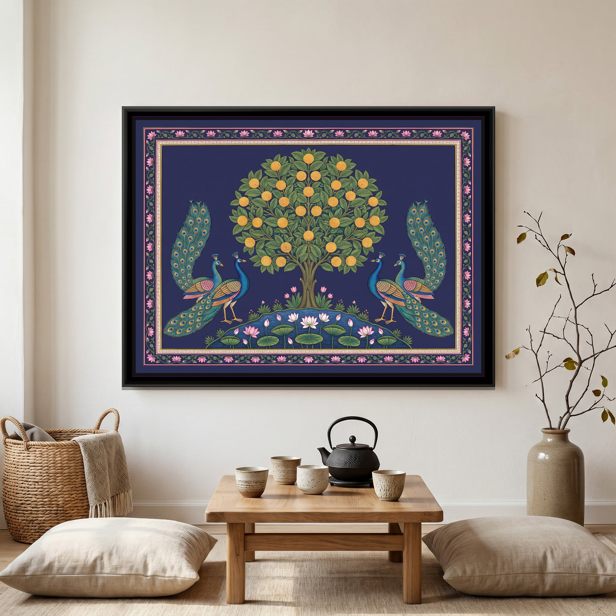 Pichwai Painting – Peacocks Flanking a Kadamba Tree - canvas print shown in a styled room