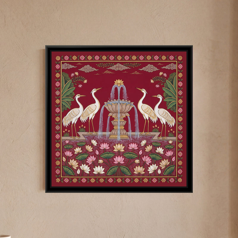 Pichwai Painting – Cranes around a Lotus Fountain - framed canvas print of four white cranes with gold-edged wings, two on each side, standing on a stone ledge facing a tiered lotus-shaped fountain spraying silver water, a pond below crowded with pink, cream and gold lotuses and green lotus pads, banana leaves and flowering sprays in the upper corners, soft clouds along the top, a deep red ground, a border of small pink and gold flowers on a vine, hung on a wall