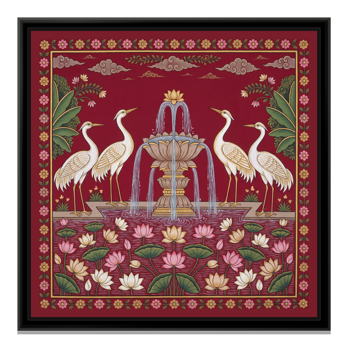 Pichwai Painting – Cranes around a Lotus Fountain - framed canvas print, front view