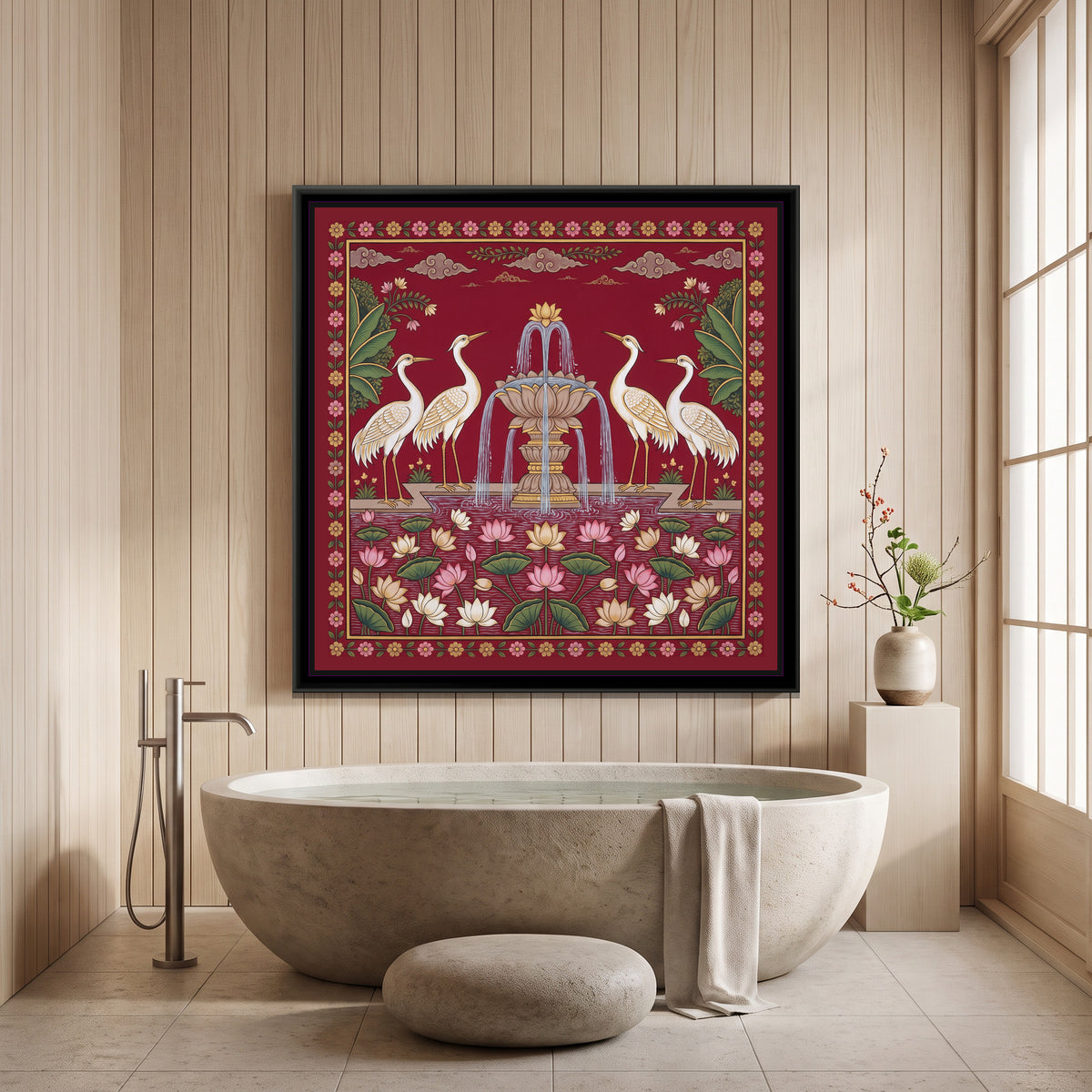Pichwai Painting – Cranes around a Lotus Fountain - canvas print shown in a second room setting
