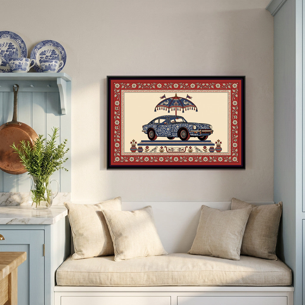 Kalamkari Painting – Classic Sports Coupe - canvas print shown in a styled room