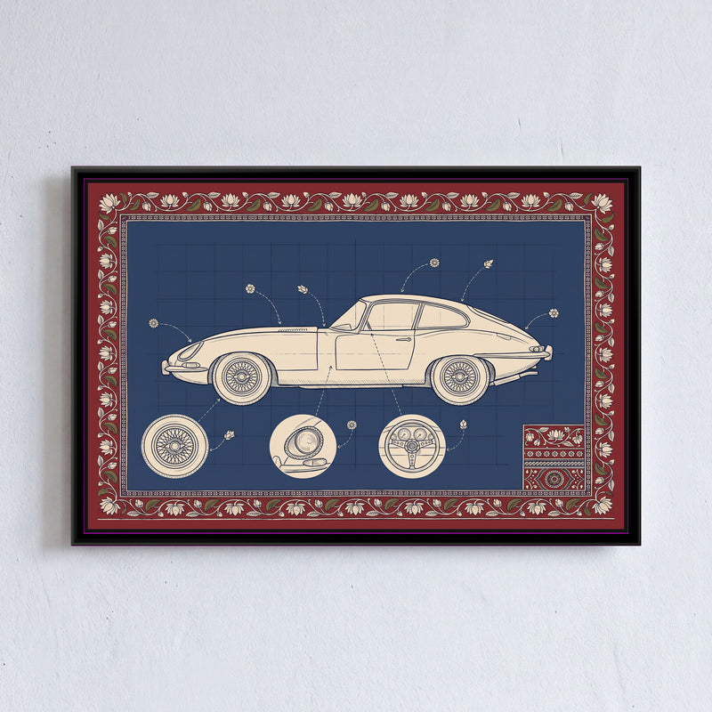 Kalamkari Blueprint – Classic Sports Coupe - framed canvas print of a long-bonneted vintage sports coupe in side view drawn in cream line on a deep indigo blueprint grid, dotted arrows pointing to little flowers, three round detail circles below showing a spoked wire wheel, a headlamp and a steering wheel with dials, a small patterned swatch in the lower right corner, all inside a deep red border of cream lotuses on a trailing vine, hung on a wall