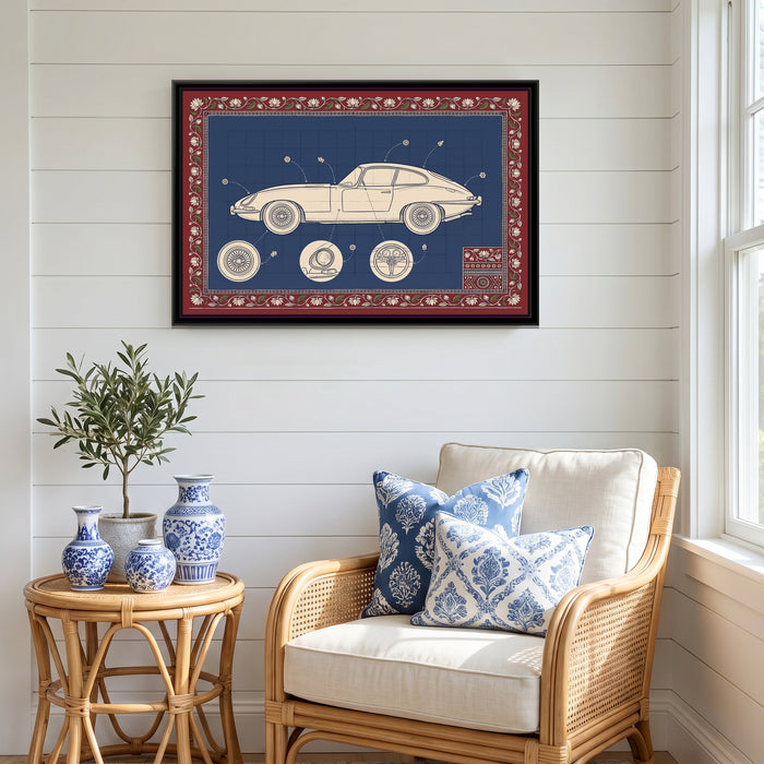 Kalamkari Blueprint – Classic Sports Coupe - canvas print shown in a styled room