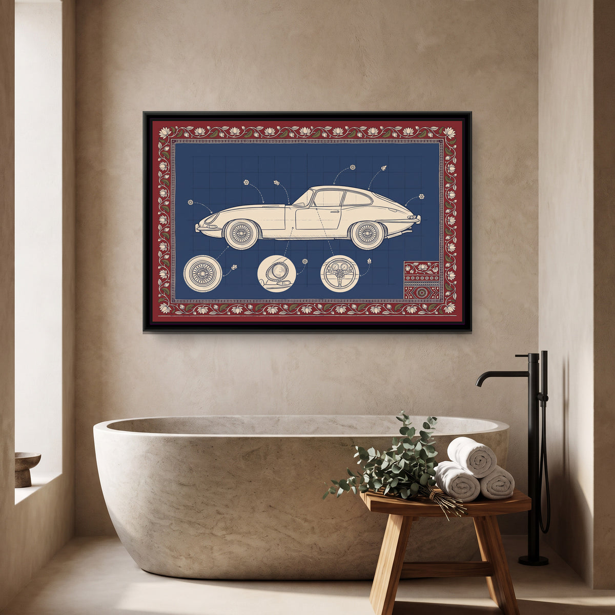 Kalamkari Blueprint – Classic Sports Coupe - canvas print shown in a second room setting